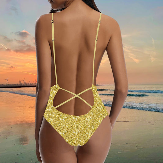Yellow Gold Lacing Backless Womens One Piece Swimsuit Beachwear