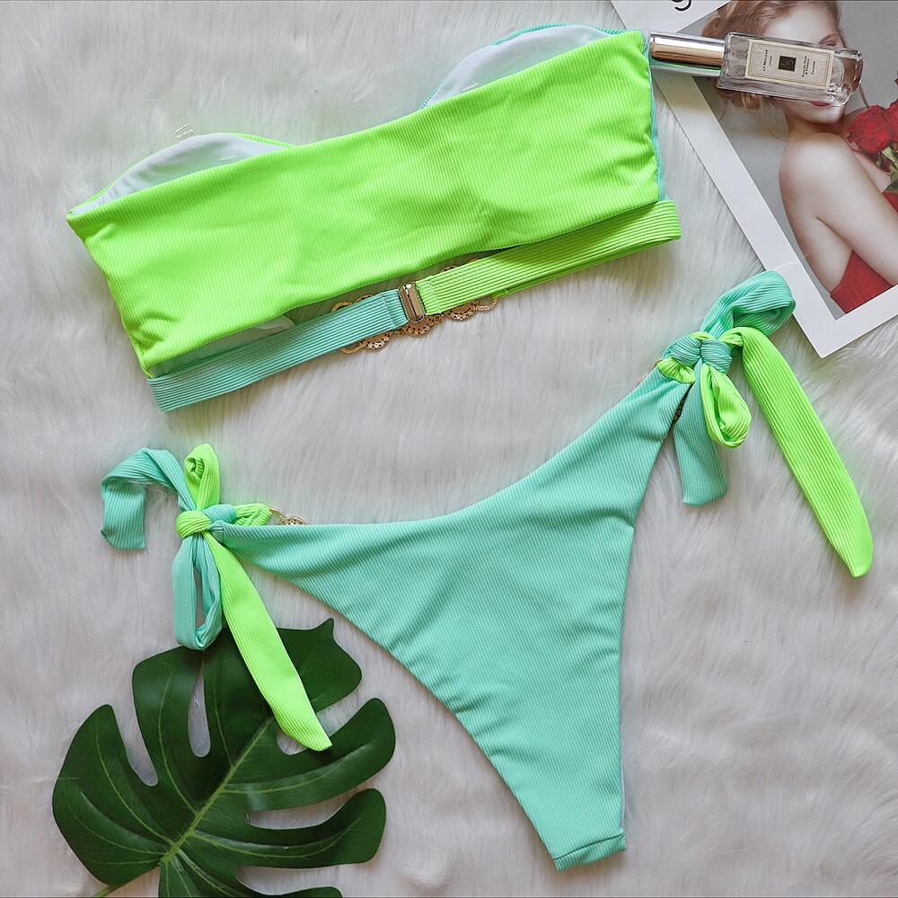 Crystal Diamond Bikini Removable Chest Pad Swimsuit Stitching Tube Top Strap Split Swimsuit