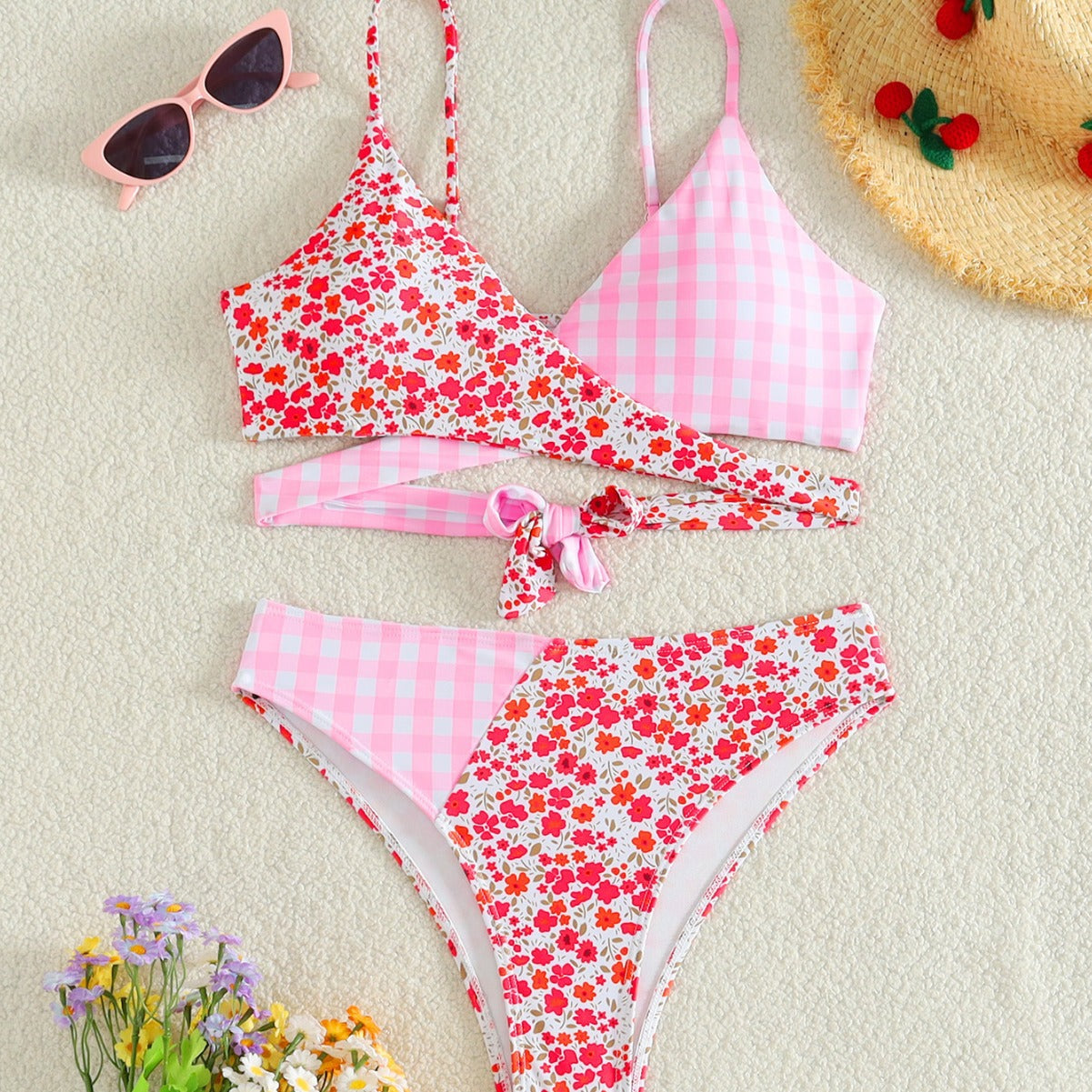 Plaid Floral Bikini Multicolor Printing Cross Lace Up Triangle Swimwear