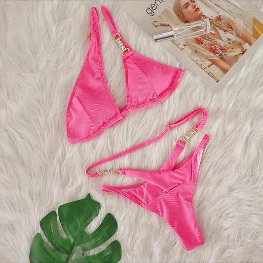 Bikini Crystal Diamond Striped Strap Split Women Swimsuit
