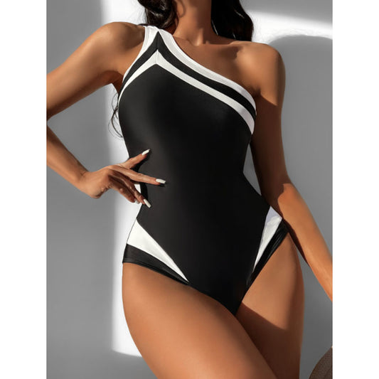 One Shoulder Color Block Jumpsuit Women Cover Belly Beach Swimwear