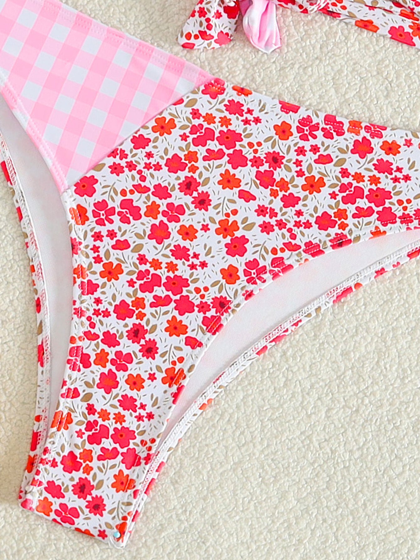 Plaid Floral Bikini Multicolor Printing Cross Lace Up Triangle Swimwear