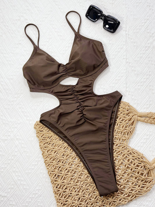 Brown One Piece Swimsuit Women Solid Color Swimsuit Beachwear Summer