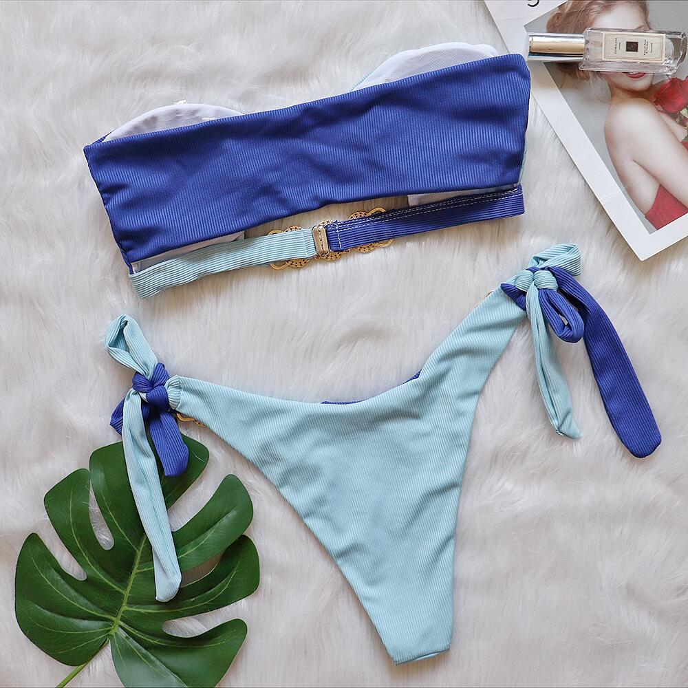 Crystal Diamond Bikini Removable Chest Pad Swimsuit Stitching Tube Top Strap Split Swimsuit