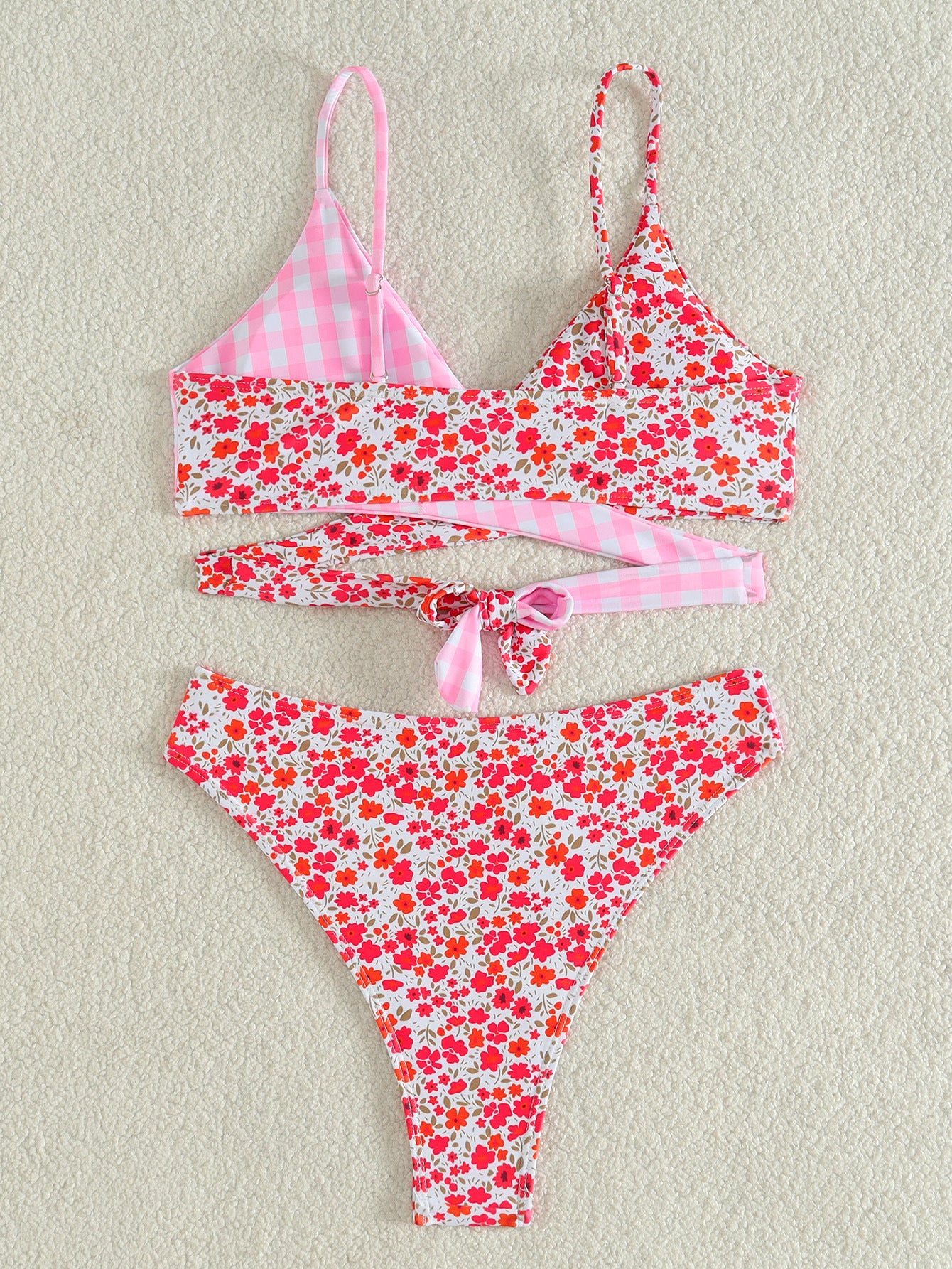 Plaid Floral Bikini Multicolor Printing Cross Lace Up Triangle Swimwear