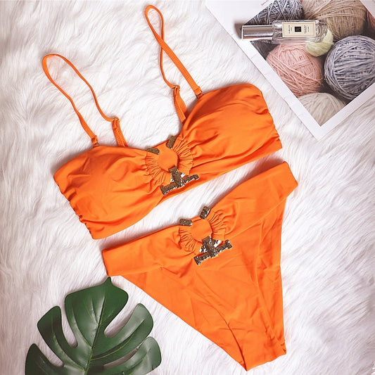Swimsuit Metal Accessories Hollow Out Cutout Bikini Solid Color Tube Top High Waist Women Swimwear