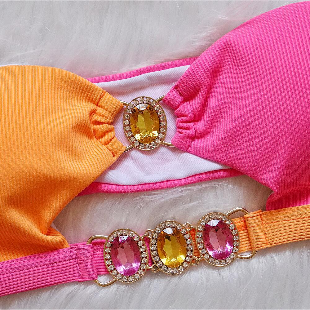 Crystal Diamond Bikini Removable Chest Pad Swimsuit Stitching Tube Top Strap Split Swimsuit