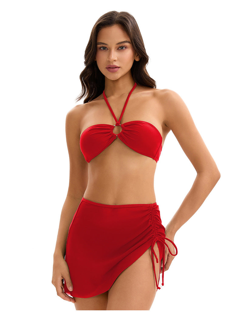 Bikini Three Piece Solid Colors Swimsuit Backless Triangle Split