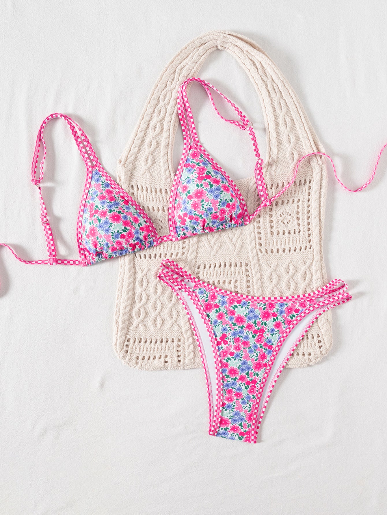 Bikini Double Shoulder Strap Printed Low Waist Split Swimsuit Women