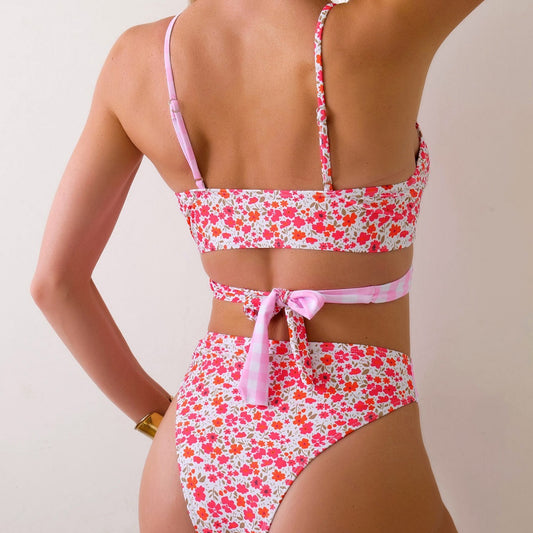 Plaid Floral Bikini Multicolor Printing Cross Lace Up Triangle Swimwear
