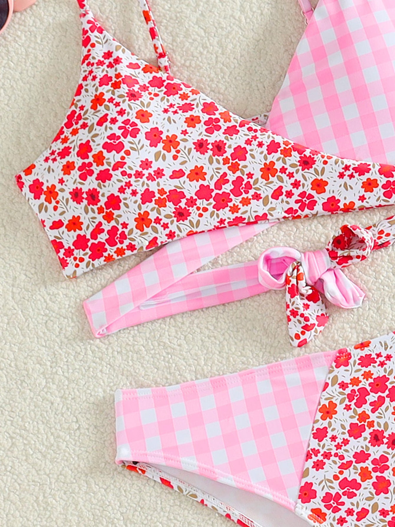 Plaid Floral Bikini Multicolor Printing Cross Lace Up Triangle Swimwear