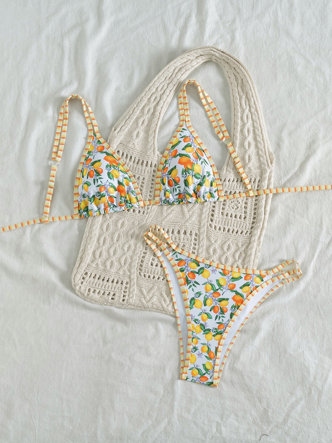 Bikini Double Shoulder Strap Printed Low Waist Split Swimsuit Women