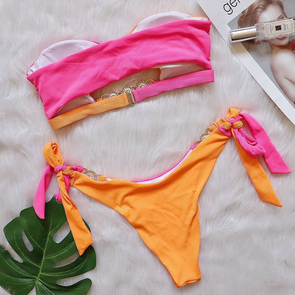 Crystal Diamond Bikini Removable Chest Pad Swimsuit Stitching Tube Top Strap Split Swimsuit