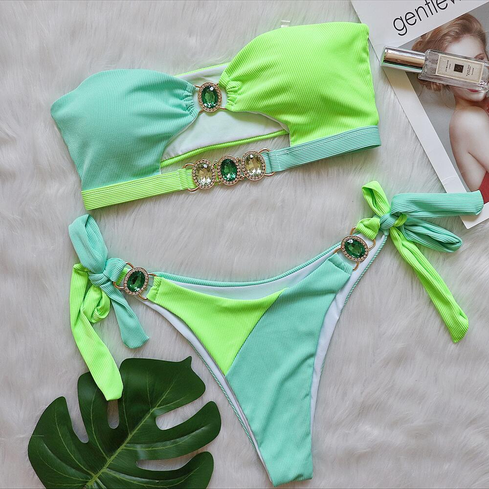 Crystal Diamond Bikini Removable Chest Pad Swimsuit Stitching Tube Top Strap Split Swimsuit