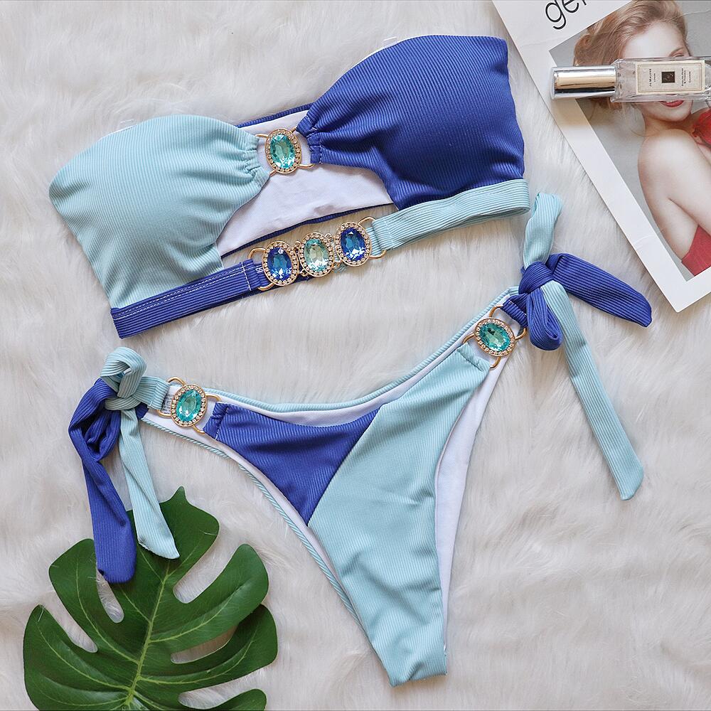Crystal Diamond Bikini Removable Chest Pad Swimsuit Stitching Tube Top Strap Split Swimsuit