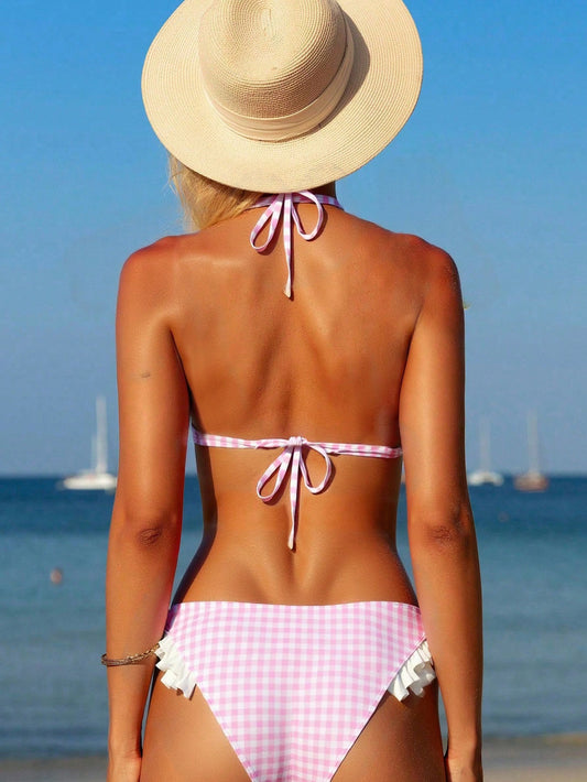 Summer Lace Plaid Halter Bikini Flounced Vacation Split Swimsuit Two