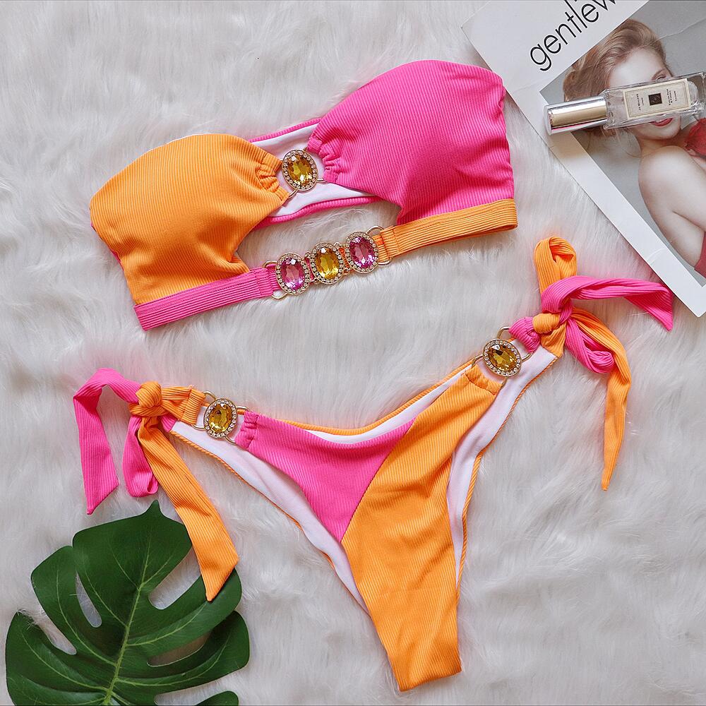 Crystal Diamond Bikini Removable Chest Pad Swimsuit Stitching Tube Top Strap Split Swimsuit