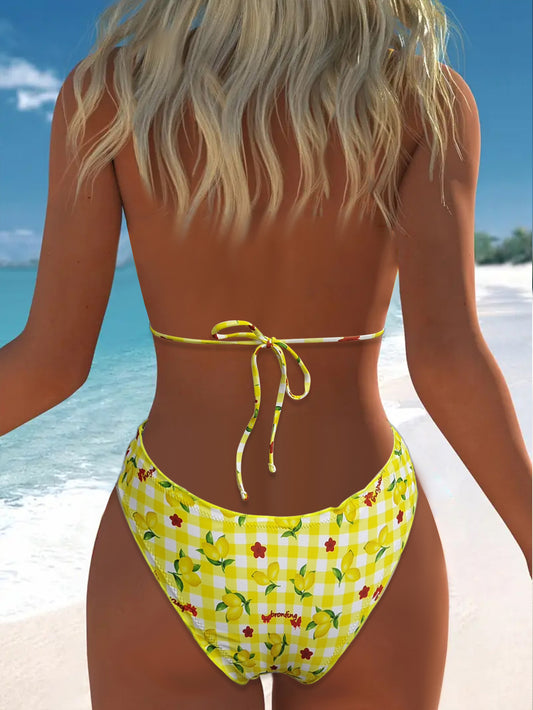 Bikini Printed Lace Split Lace Up Swimsuit Swimwear Women Beachwear